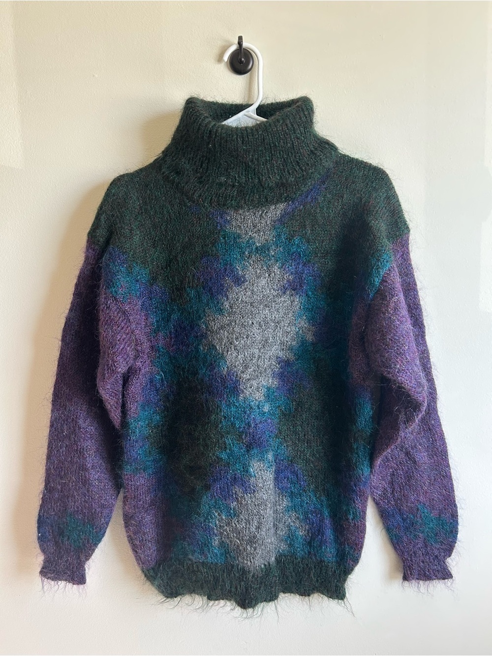 Ellen Tracy Mohair and Wool Multicolor Turtleneck Sweater - Purple, Teal & Gray